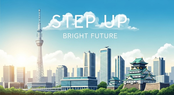 大阪のビル群を背景に、右肩上がりのグラフと目標を示すダーツの的が描かれているイラスト