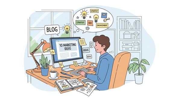 パソコンの前でブログ記事のアイデアを練っているビジネスパーソンのイラスト