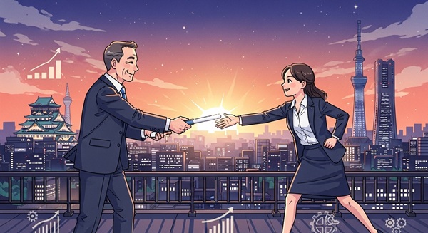 後継者にバトンを渡そうとしている現経営者のイラスト。背景には大阪の街並みが広がり、未来への希望を感じさせる。