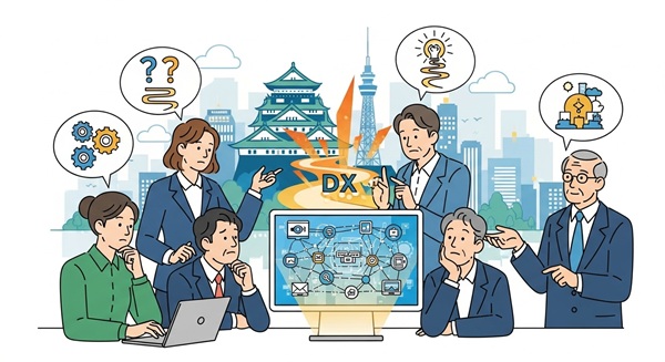 大阪の中小企業のDX化について、未来への道筋を描きながらパソコンで計画を立てる経営者