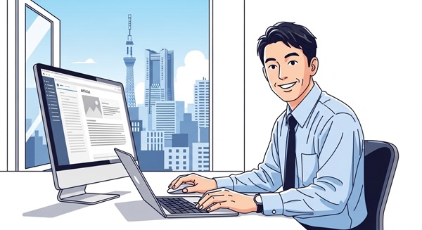 パソコンの画面を見ながら笑顔で記事を更新しているビジネスマンのイラスト