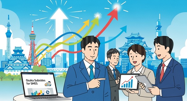 大阪の街並みを背景に、ホームページ制作の補助金活用について相談する中小企業の担当者