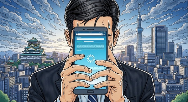 スマートフォンで見にくいウェブサイトを見て困っている大阪のビジネスマンのイラスト