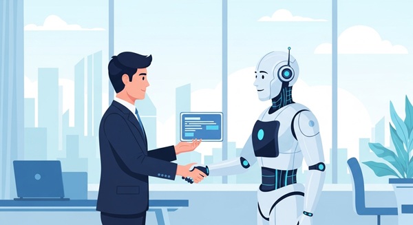 人間とAIが手を繋いでいるシーン