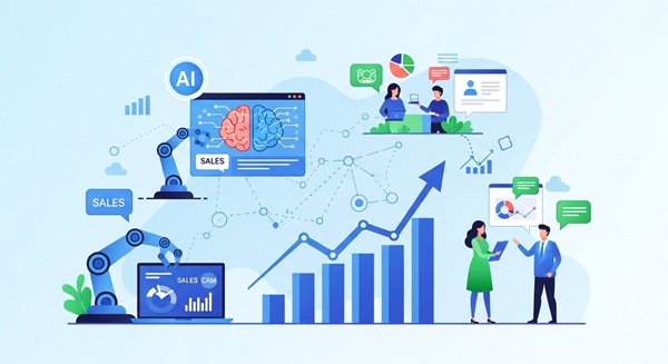 AI技術を活用して顧客データを分析し、未来の営業戦略を立てているビジネスパーソンのイメージ図