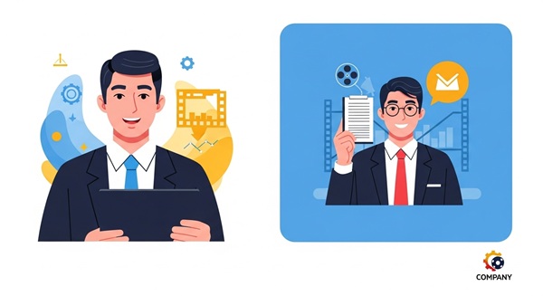 パソコンの画面を見ながら笑顔で記事を更新しているビジネスマンのイラスト。