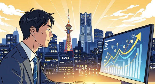パソコンでSEO対策のグラフを確認する大阪のビジネスマン
