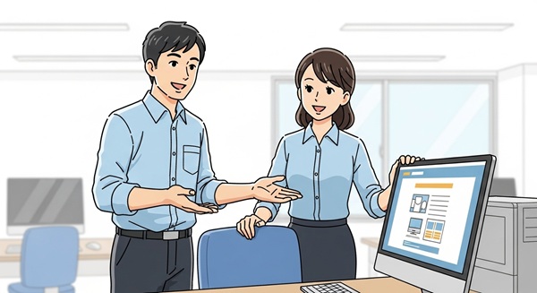 笑顔で親切にPC操作について説明する男性社員と女性社員のイラスト