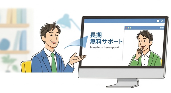 パソコン画面を通して、顧客に丁寧に操作方法を教えるサポートスタッフのイラスト