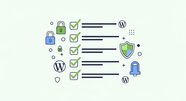 WordPressのセキュリティ対策を示すチェックリストのアイコン。鍵と盾のマークが入ったフラットデザインのベクターアート。