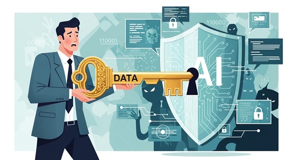 AIのデータ学習による情報漏洩リスクから、設定変更によって機密情報を守るイメージイラスト