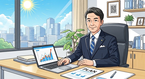 笑顔の中小企業社長がパソコンの前でDX計画を立てているイラスト