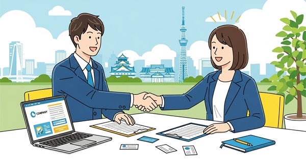 大阪の中小企業担当者がホームページ制作会社と成功裏に打ち合わせをしている様子のイラスト