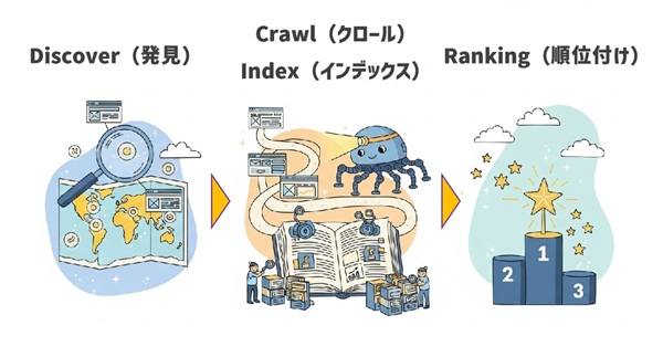検索エンジンがウェブページを評価し順位付けするまでの4つの主要なステップ「発見」「クロール」「インデックス」「ランキング」を、アイコンと矢印で分かりやすく示した図解イラスト。