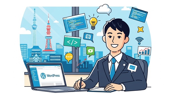 WordPressでのホームページ制作について相談し、明るい未来を想像する大阪の中小企業のビジネスマン