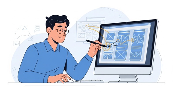 ワイヤーフレーム, UI/UX, 設計図, アイデア, デザイナーがPCでワイヤーフレームをスケッチしている画像
