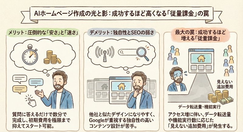 AIホームページ作成のメリット（安さと速さ）とデメリット（SEOの弱さ）、そして成功するほど費用が増える「従量課金」の罠について解説したインフォグラフィック。