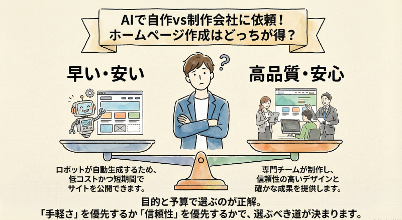AIでのホームページ自作と制作会社への依頼を天秤で比較したイラスト。左側には「早い・安い」という特徴とロボット、右側には「高品質・安心」という特徴と専門チームが描かれ、目的や予算に合わせて選択することを促しています。
