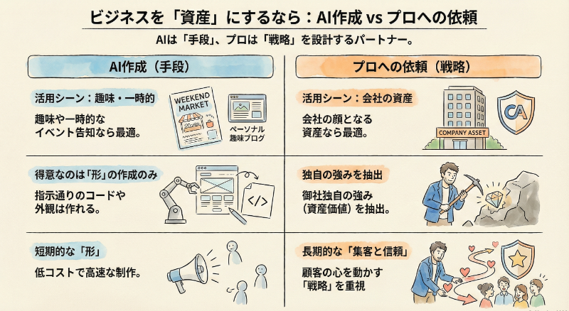 AI作成とプロへの依頼の違いを比較したインフォグラフィック。AIは趣味や一時的なイベントなど短期的な制作に向く「手段」であり、プロは会社の強みを引き出し長期的な集客と信頼を築く「戦略」パートナーであることを解説しています。