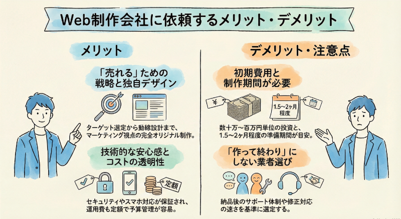 Web制作会社に依頼するメリットとデメリットを比較解説したインフォグラフィック。メリットとして戦略的デザインや技術的安心感、デメリットとして初期費用や制作期間、業者選びの注意点がイラストと共に説明されています。