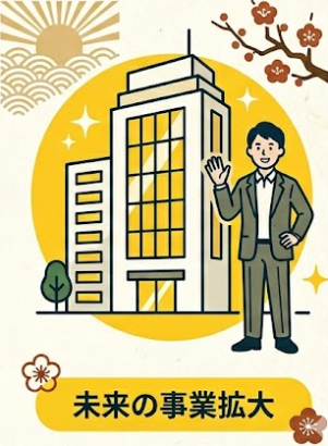 「未来の事業拡大」というテキストとともに、笑顔で手を振るビジネスマンとオフィスビル、日の出、梅の花が描かれたイラスト。