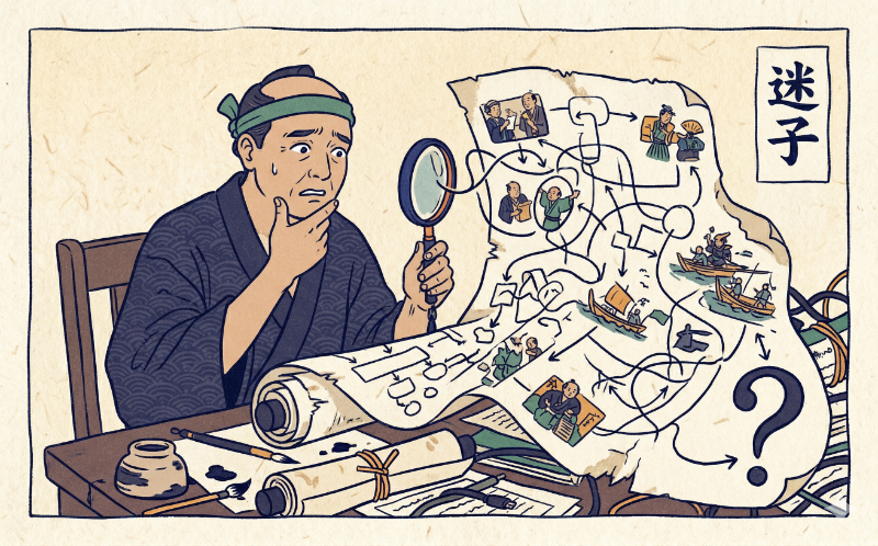 虫眼鏡を手に、複雑な人物相関図やフローチャートが描かれた大きな巻物を困惑した表情で読み解こうとしている、江戸時代の衣装を着た男性のイラスト。