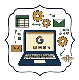 Googleのロゴが表示されたノートパソコンを囲むように、表、メール、歯車などのアイコンが矢印で繋がった、業務自動化のイメージイラスト。