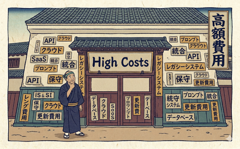 浮世絵風のイラストで、建物に「API」「クラウド」「レガシーシステム」などのIT用語が貼られ、その前で「High Costs（高額費用）」という看板を見上げて悩む和装の男性。