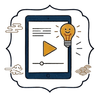 ビデオ再生中のタブレット端末と、その横で光る笑顔の電球のイラスト。オンライン学習やアイデアのひらめきを表現しています。