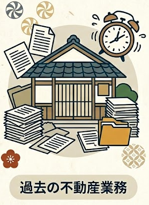 山積みの書類に囲まれた古い日本家屋と目覚まし時計が描かれた、過去の不動産業務を表すイラスト