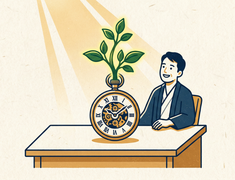 懐中時計から若葉が芽吹き、それを穏やかな表情で見つめる男性を描いたイラスト。時間の経過による成長や投資の成果を象徴しています。