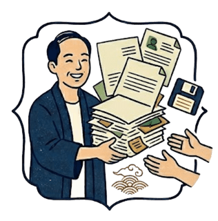 浮世絵風のイラストで、笑顔の男性が大量の書類とフロッピーディスクを誰かに手渡している様子。