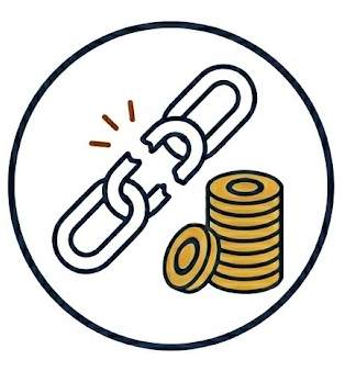 断ち切られた鎖と積み上げられた金貨が描かれた、経済的な自由や借金からの解放を象徴する円形のアイコン。