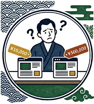 1万円と50万円という極端に異なるウェブサイト制作費用の前で、どちらを選ぶべきか困惑している和服姿の男性のイラスト。