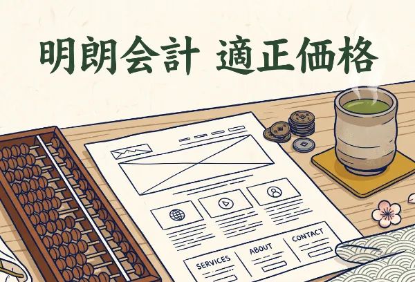 「明朗会計 適正価格」という筆文字と、そろばん、ウェブサイトの設計図、古銭、緑茶が描かれた信頼感をイメージしたイラスト。