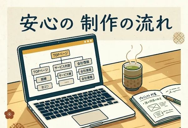 『丸投げOK』は本当?ホームページ制作の打ち合わせから納品までの流れを完全公開 11 「安心の制作の流れ」という文字とともに、サイトマップが表示されたノートパソコン、プロジェクト計画のノート、湯気の立つ緑茶が置かれた和風テイストのデスク風景のイラスト。