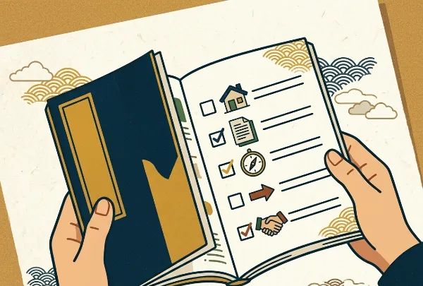 両手で開かれたチェックリスト付きの本のイラスト。家、書類、コンパス、矢印、握手のアイコンと、和風の雲や波の文様が描かれています。