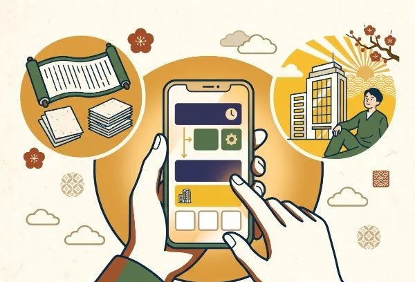 『DXしなきゃ』は思い込み?中小企業が本当にやるべきこと 3 スマートフォンを操作する手を中心に、左側に伝統的な巻物、右側に現代的なビルと人物を描いた、デジタルと伝統の融合を表現するイラスト。