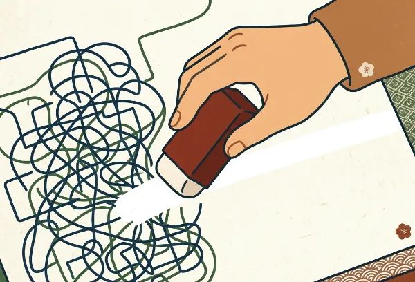 複雑に絡み合った線を消しゴムで消して整理する手のイラスト。和風のデザイン要素が含まれています。