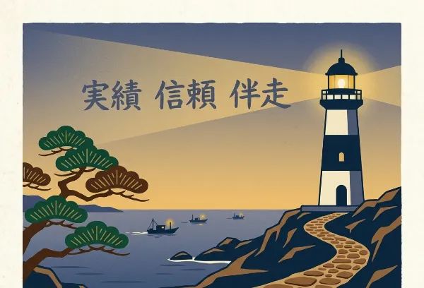 海辺の崖の上に立つ灯台とそこへ続く石畳の道、海に浮かぶ漁船、そして手前の松の木を描いたレトロなイラスト。空には「実績 信頼 伴走」という文字が書かれています。
