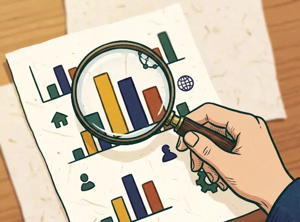 虫眼鏡を手に持ち、棒グラフや様々なアイコンが描かれた書類を詳しく分析しているイラスト。