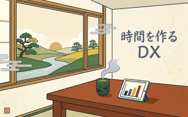 「時間を作る DX」という文字が書かれた和風の仕事空間。窓の外には松の木と川が流れる風景が広がり、机の上には湯呑みとグラフが表示されたタブレットが置かれています。