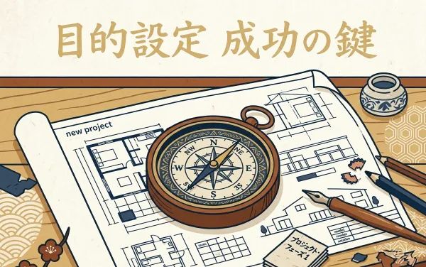 「目的設定 成功の鍵」という文字とともに、設計図の上に置かれたコンパスや万年筆が描かれた、計画と目標達成を象徴するイラスト。