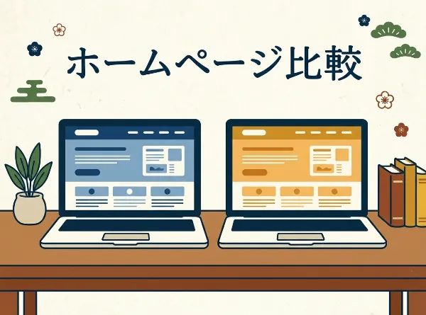 「ホームページ比較」というテキストが上部にあり、机の上に青とオレンジの異なるウェブサイトデザインを表示した2台のノートパソコンが並んでいるイラスト。