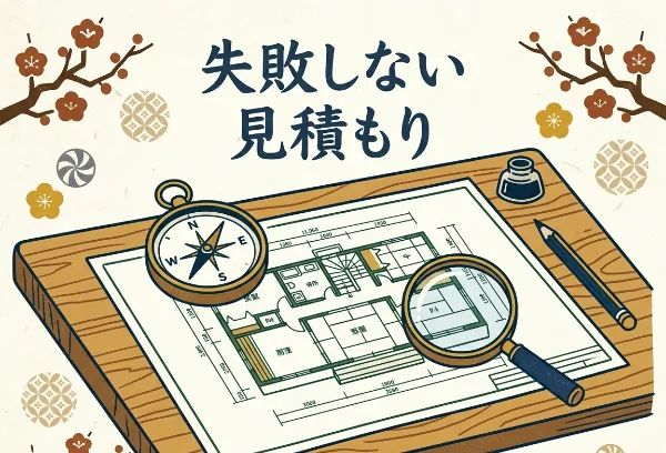 「失敗しない見積もり」というテキストと、住宅の間取り図、コンパス、虫眼鏡などが描かれた和風のイラスト。