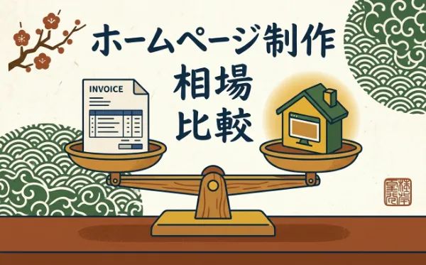 「ホームページ制作 相場 比較」というテキストを中心に、天秤の左右に請求書と家型のパソコンが載った和風デザインのイラスト