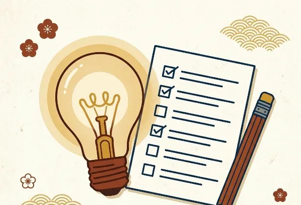 ホームページ制作の『目的設定』を間違えると失敗する理由 3 輝く電球、チェックマークの入ったリスト、そして鉛筆が描かれた、和風の装飾が施されたイラスト。