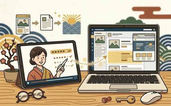 WordPressって結局何がいいの?初心者にもわかる仕組みと選ばれる理由 3 和風のデザイン要素が散りばめられたデスクトップで、タブレットのオンライン講座を見ながらノートパソコンでウェブ制作を行う様子を描いたイラスト。