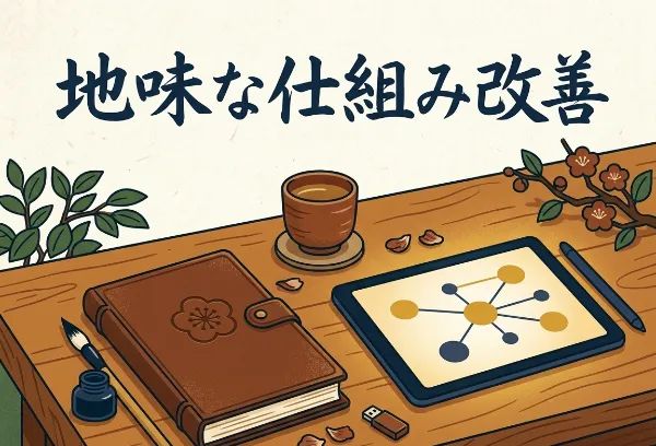 「地味な仕組み改善」という文字の下に、木製のデスクに置かれたノート、湯呑み、ネットワーク図が表示されたタブレット、筆、USBメモリなどが描かれた和風テイストのイラスト。