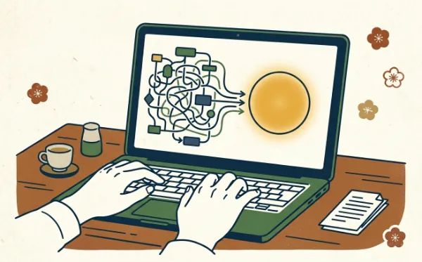ノートパソコンの画面上で、複雑に絡み合った図が整理され、右側の大きなオレンジ色の円へと集約される様子を描いた、情報の簡略化や問題解決を象徴するイラスト。